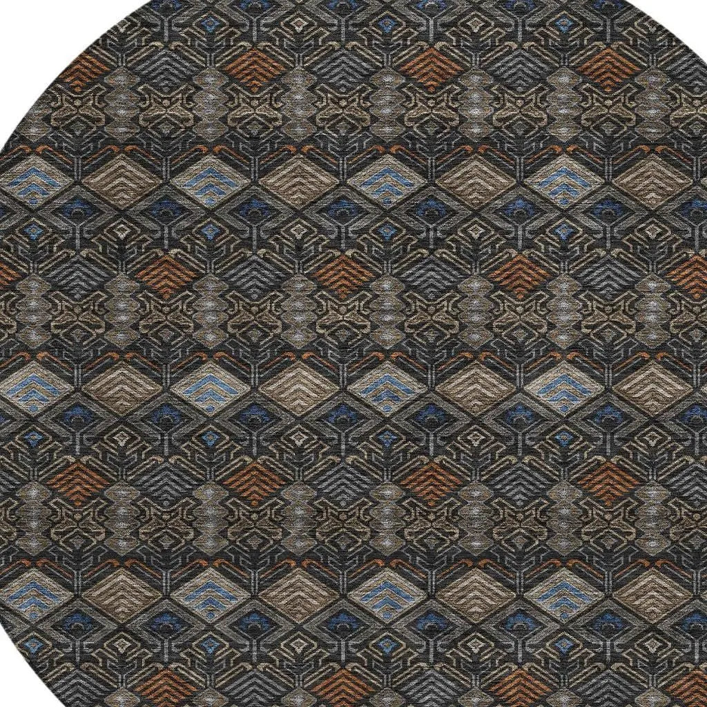 8' Black And Charcoal Round Geometric Washable Indoor Outdoor Area Rug Homeroots Outdoor