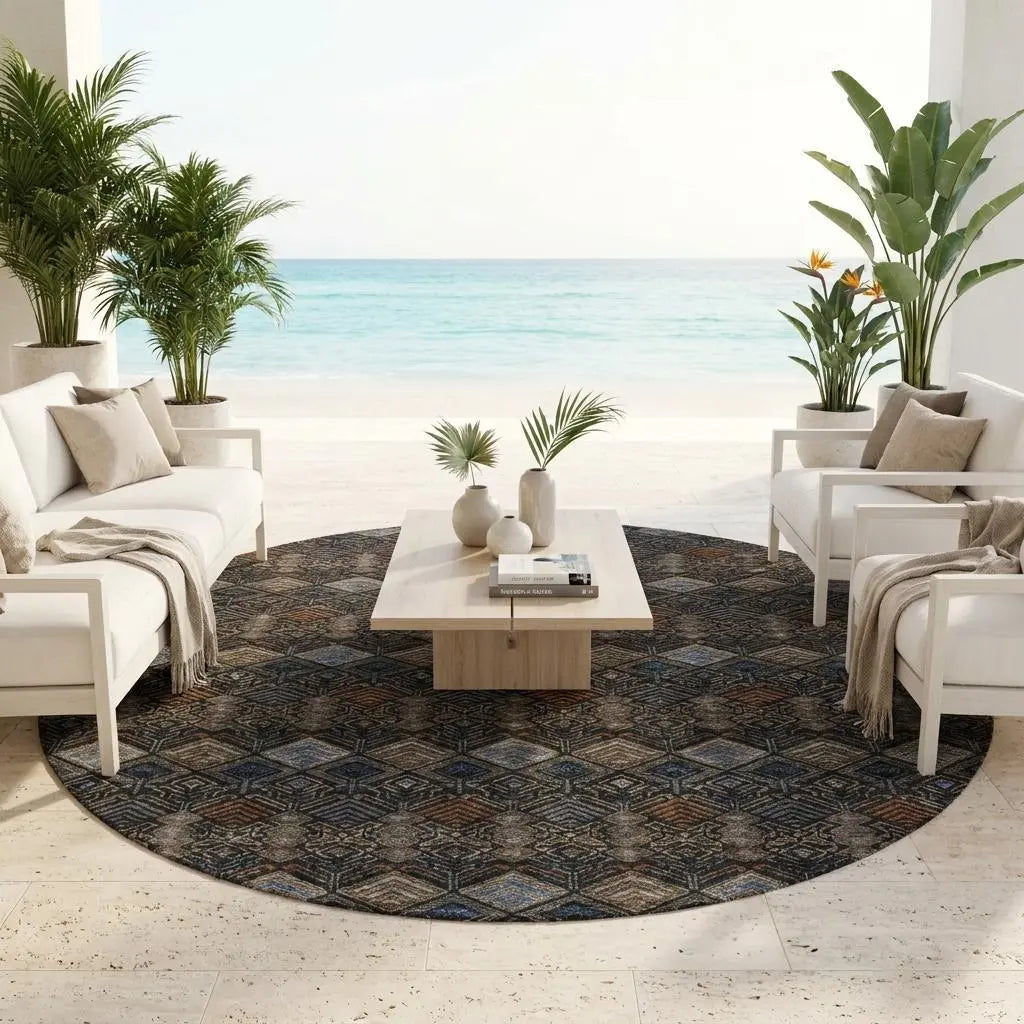 8' Black And Charcoal Round Geometric Washable Indoor Outdoor Area Rug Homeroots Outdoor