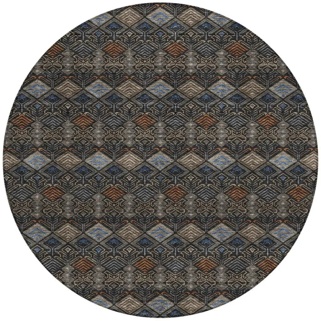 8' Black And Charcoal Round Geometric Washable Indoor Outdoor Area Rug Homeroots Outdoor