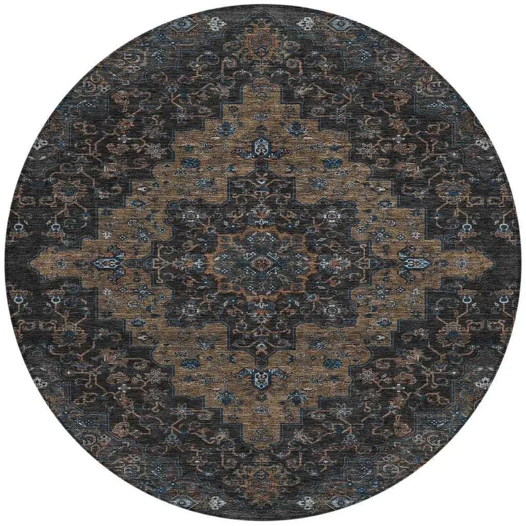 8' Black And Chocolate Round Medallion Washable Indoor Outdoor Area Rug Homeroots Outdoor