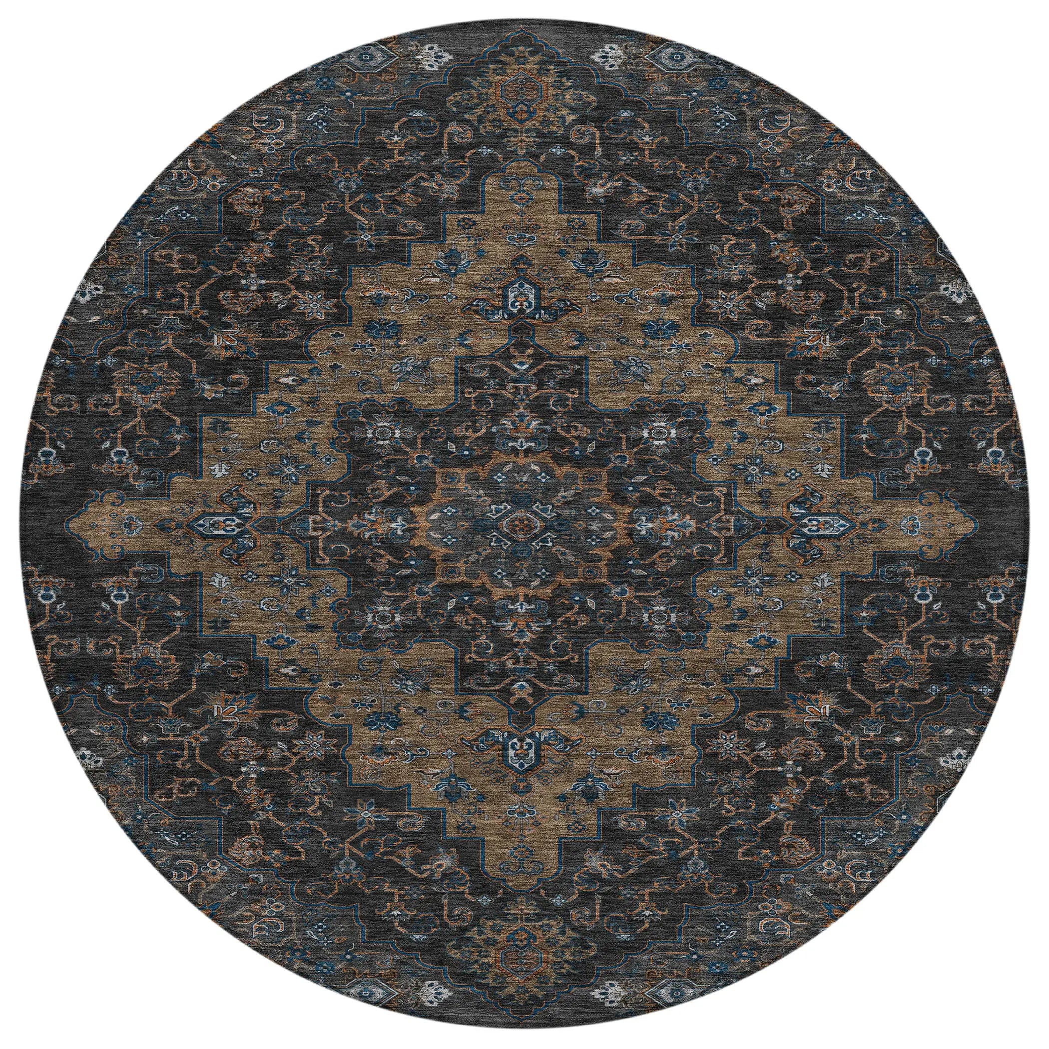 8' Black And Chocolate Round Medallion Washable Indoor Outdoor Area Rug Homeroots Outdoor