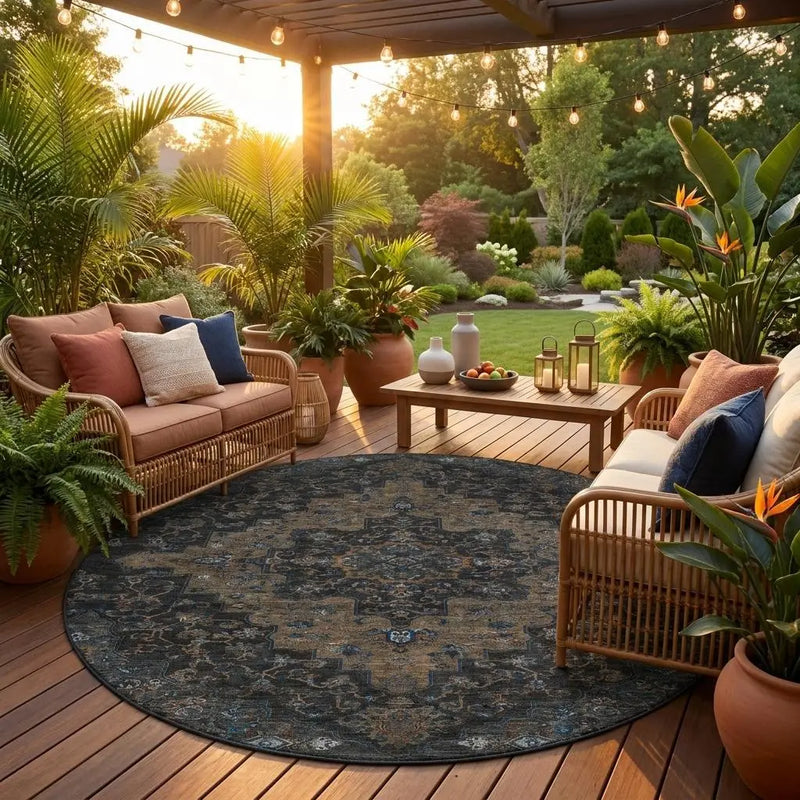 8' Black And Chocolate Round Medallion Washable Indoor Outdoor Area Rug Homeroots Outdoor
