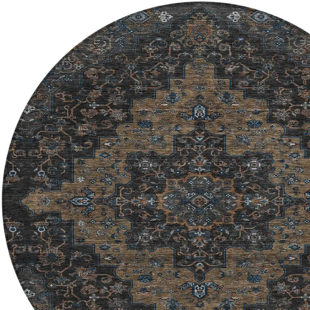 8' Black And Chocolate Round Medallion Washable Indoor Outdoor Area Rug Homeroots Outdoor