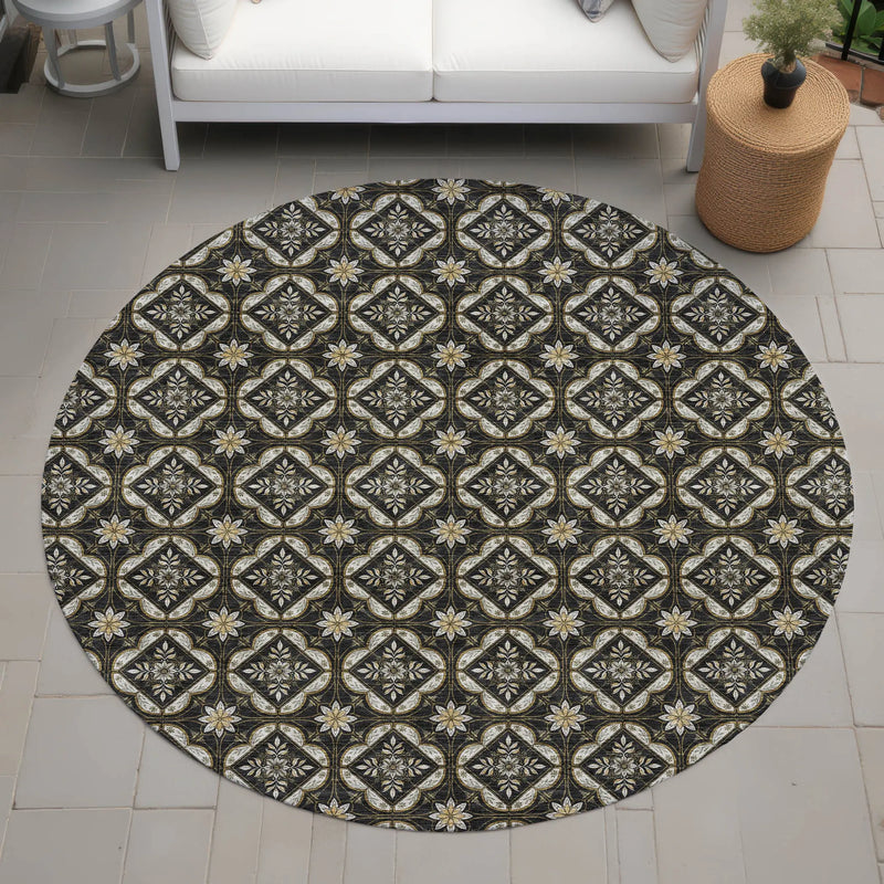 8' Black And Coffee Round Geometric Washable Indoor Outdoor Area Rug Homeroots Outdoor