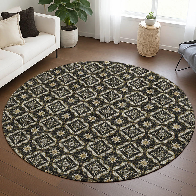 8' Black And Coffee Round Geometric Washable Indoor Outdoor Area Rug Homeroots Outdoor