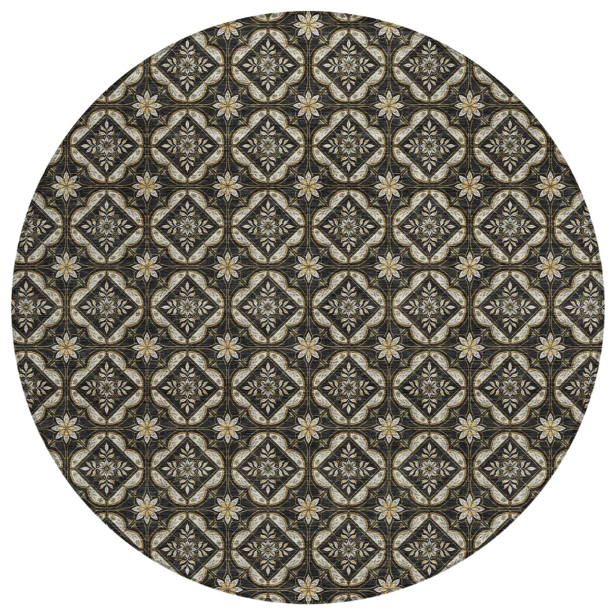 8' Black And Coffee Round Geometric Washable Indoor Outdoor Area Rug Homeroots Outdoor