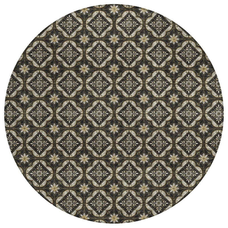 8' Black And Coffee Round Geometric Washable Indoor Outdoor Area Rug Homeroots Outdoor