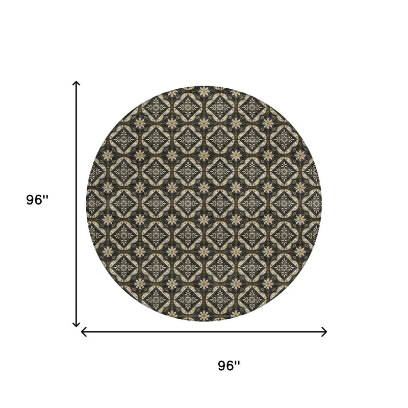 8' Black And Coffee Round Geometric Washable Indoor Outdoor Area Rug Homeroots Outdoor