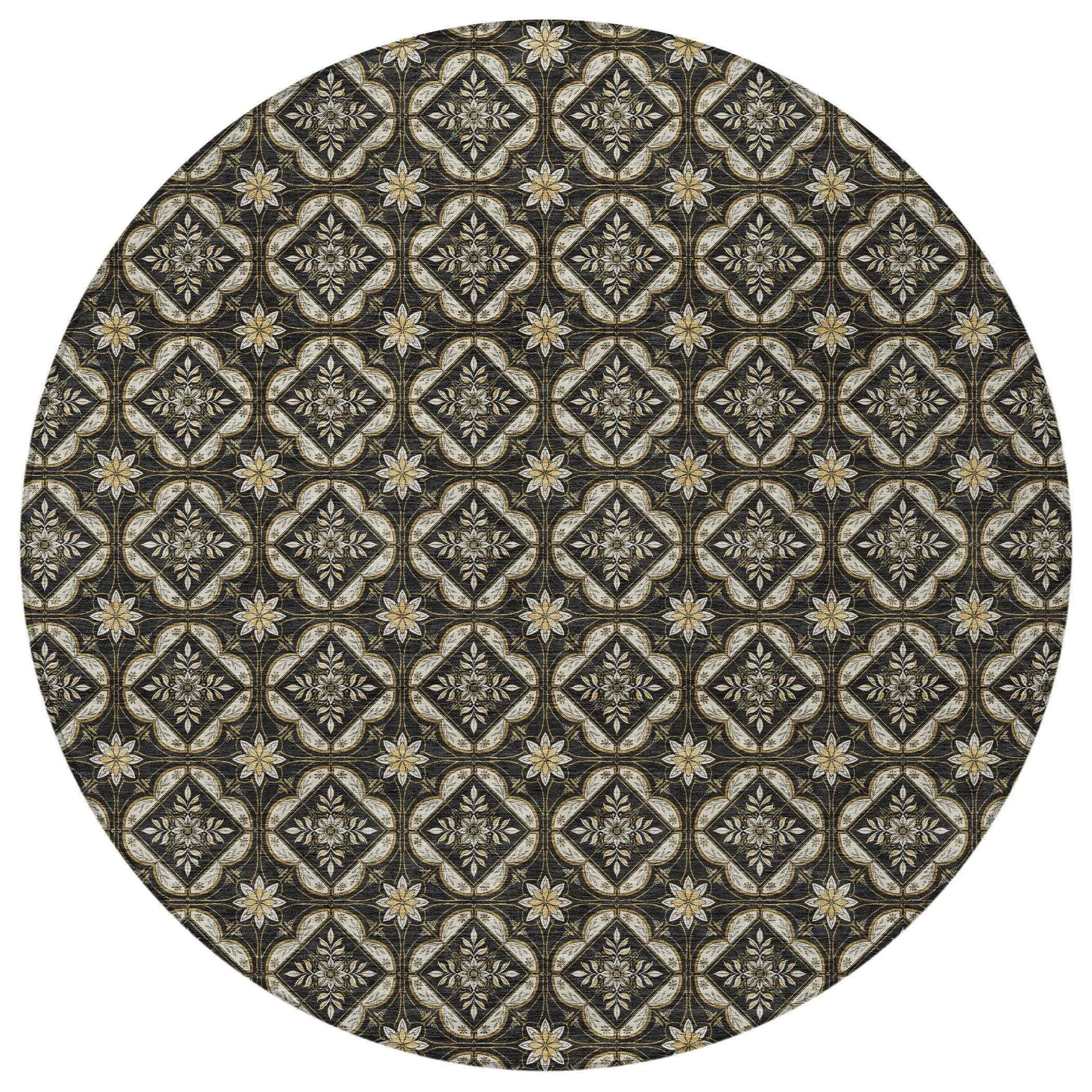 8' Black And Coffee Round Geometric Washable Indoor Outdoor Area Rug Homeroots Outdoor