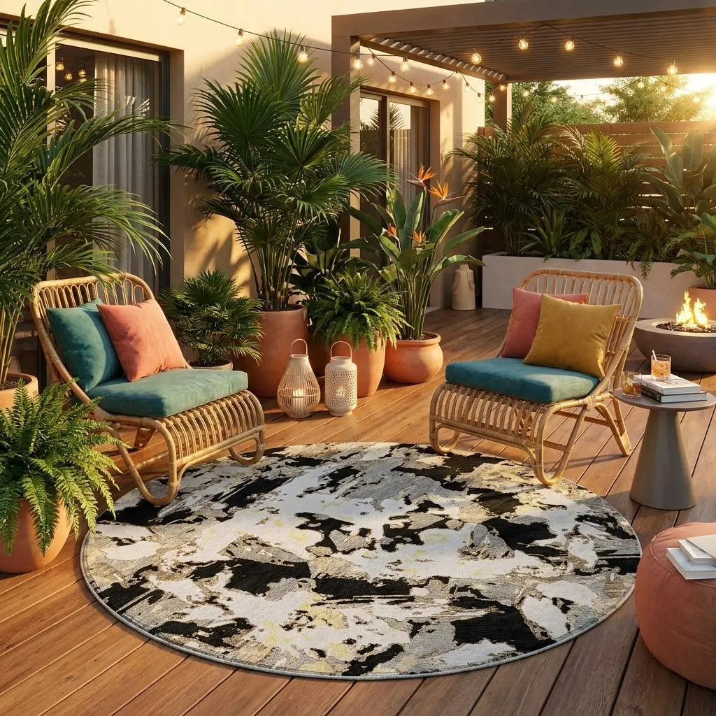 8' Black And Copper Round Abstract Washable Indoor Outdoor Area Rug Homeroots Outdoor