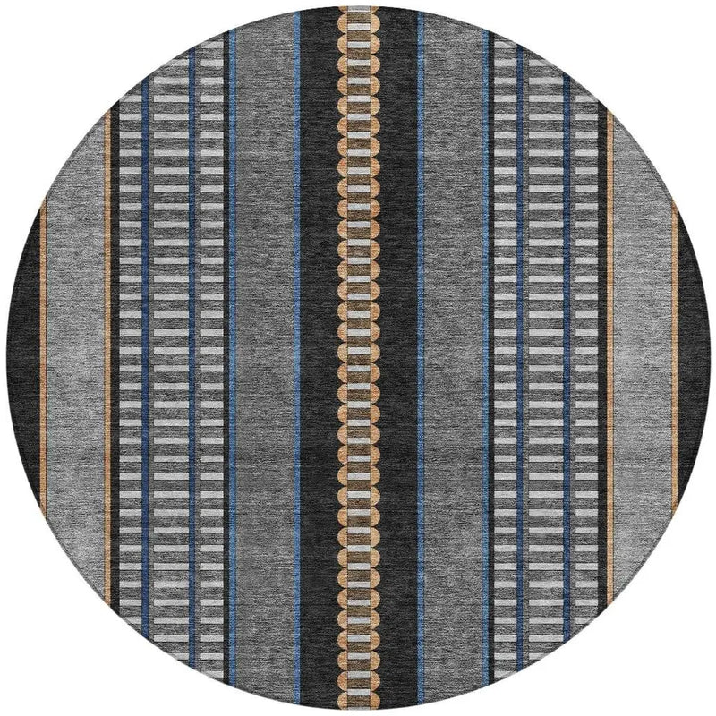 8' Black And Copper Round Striped Washable Indoor Outdoor Area Rug Homeroots Outdoor