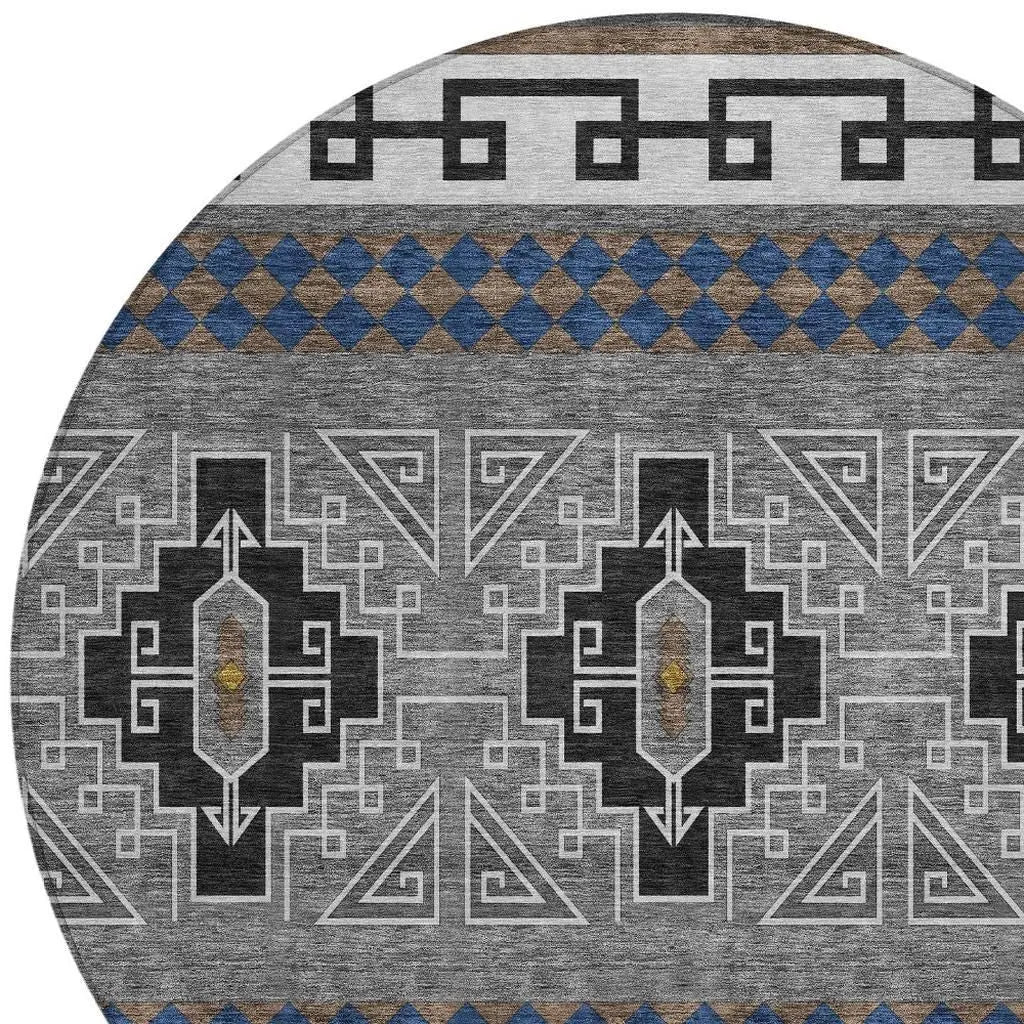 8' Black And Copper Round Tribal Washable Indoor Outdoor Area Rug Homeroots Outdoor