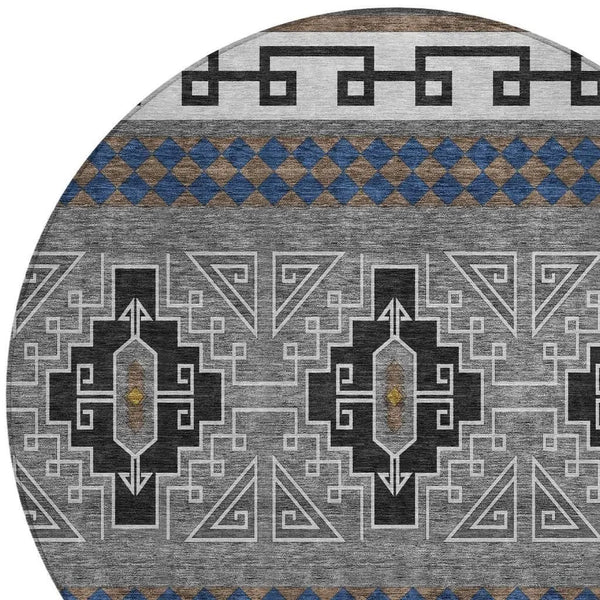 8' Black And Copper Round Tribal Washable Indoor Outdoor Area Rug Homeroots Outdoor