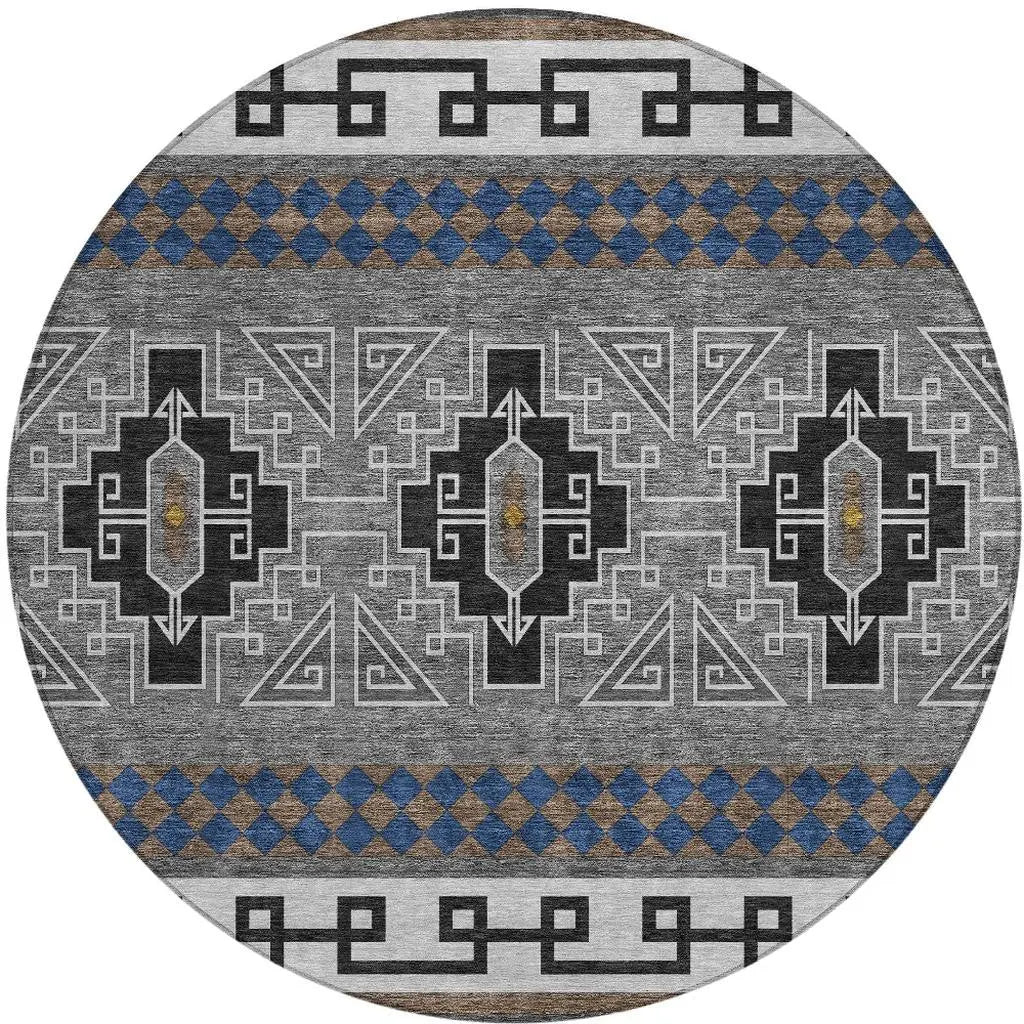 8' Black And Copper Round Tribal Washable Indoor Outdoor Area Rug Homeroots Outdoor