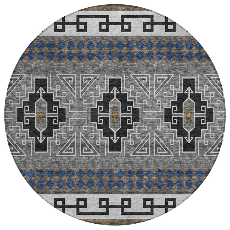 8' Black And Copper Round Tribal Washable Indoor Outdoor Area Rug Homeroots Outdoor