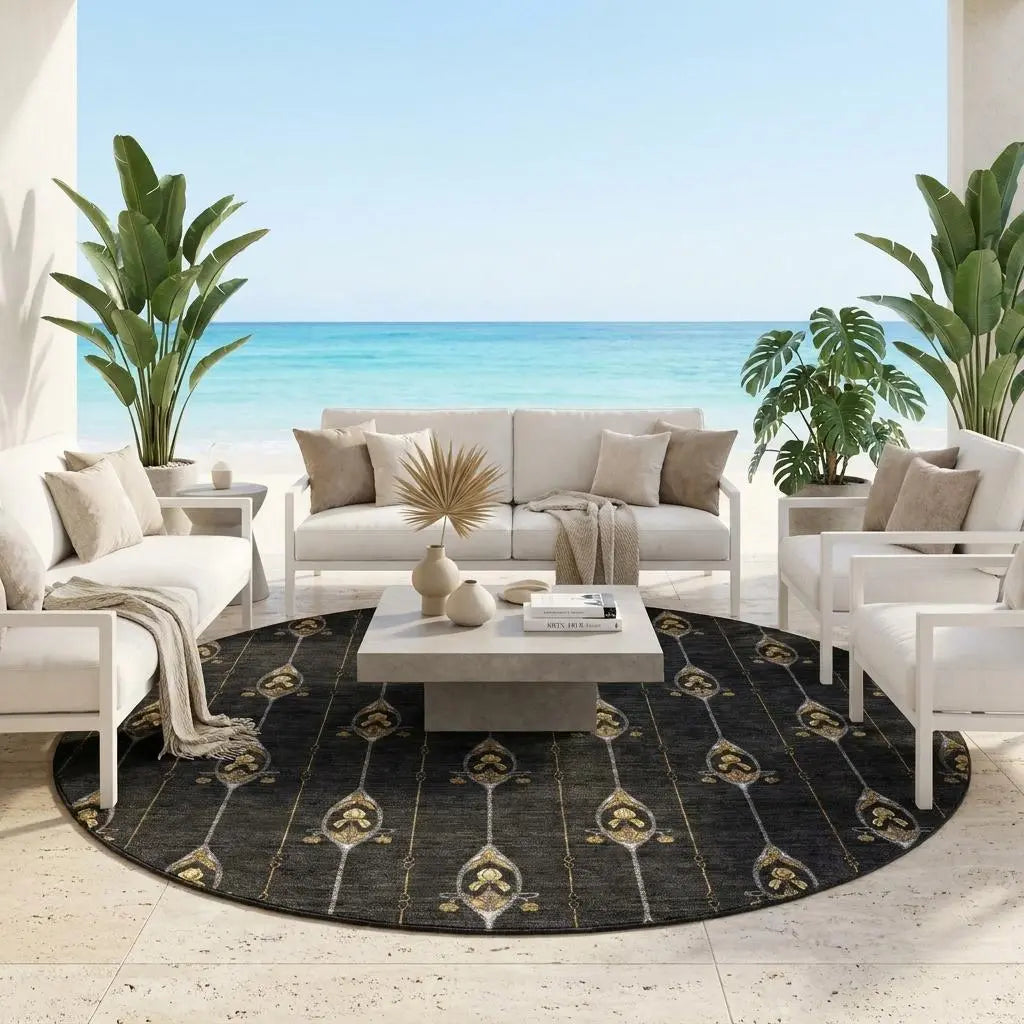 8' Black And Denim Blue Round Geometric Washable Indoor Outdoor Area Rug Homeroots Outdoor