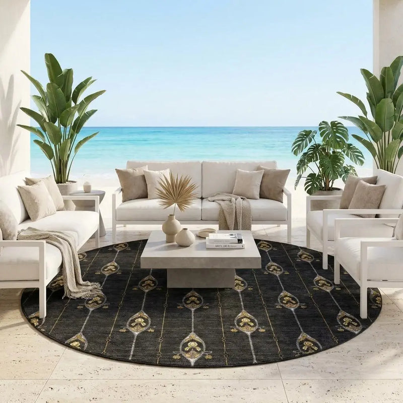 8' Black And Denim Blue Round Geometric Washable Indoor Outdoor Area Rug Homeroots Outdoor