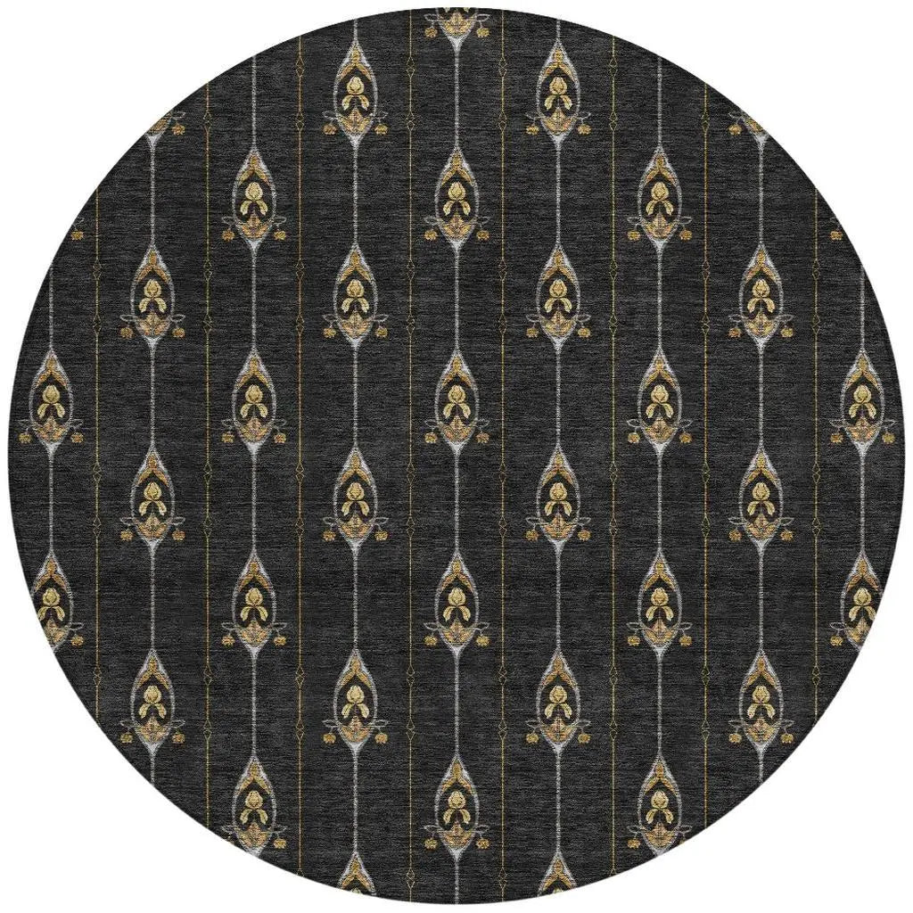8' Black And Denim Blue Round Geometric Washable Indoor Outdoor Area Rug Homeroots Outdoor