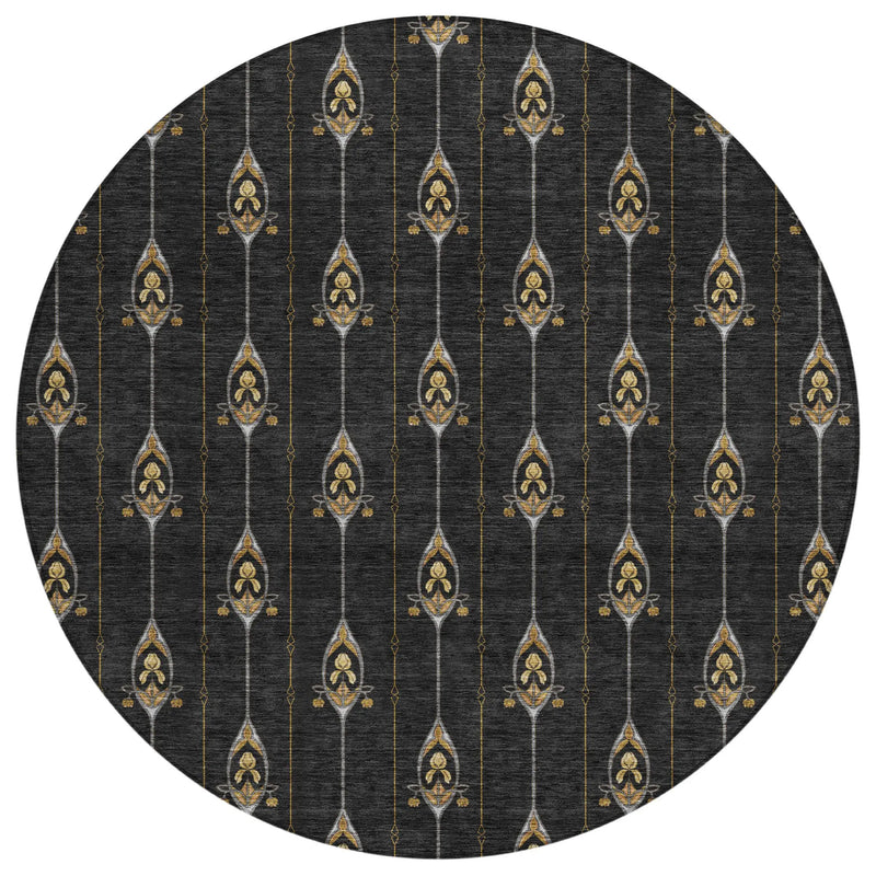 8' Black And Denim Blue Round Geometric Washable Indoor Outdoor Area Rug Homeroots Outdoor