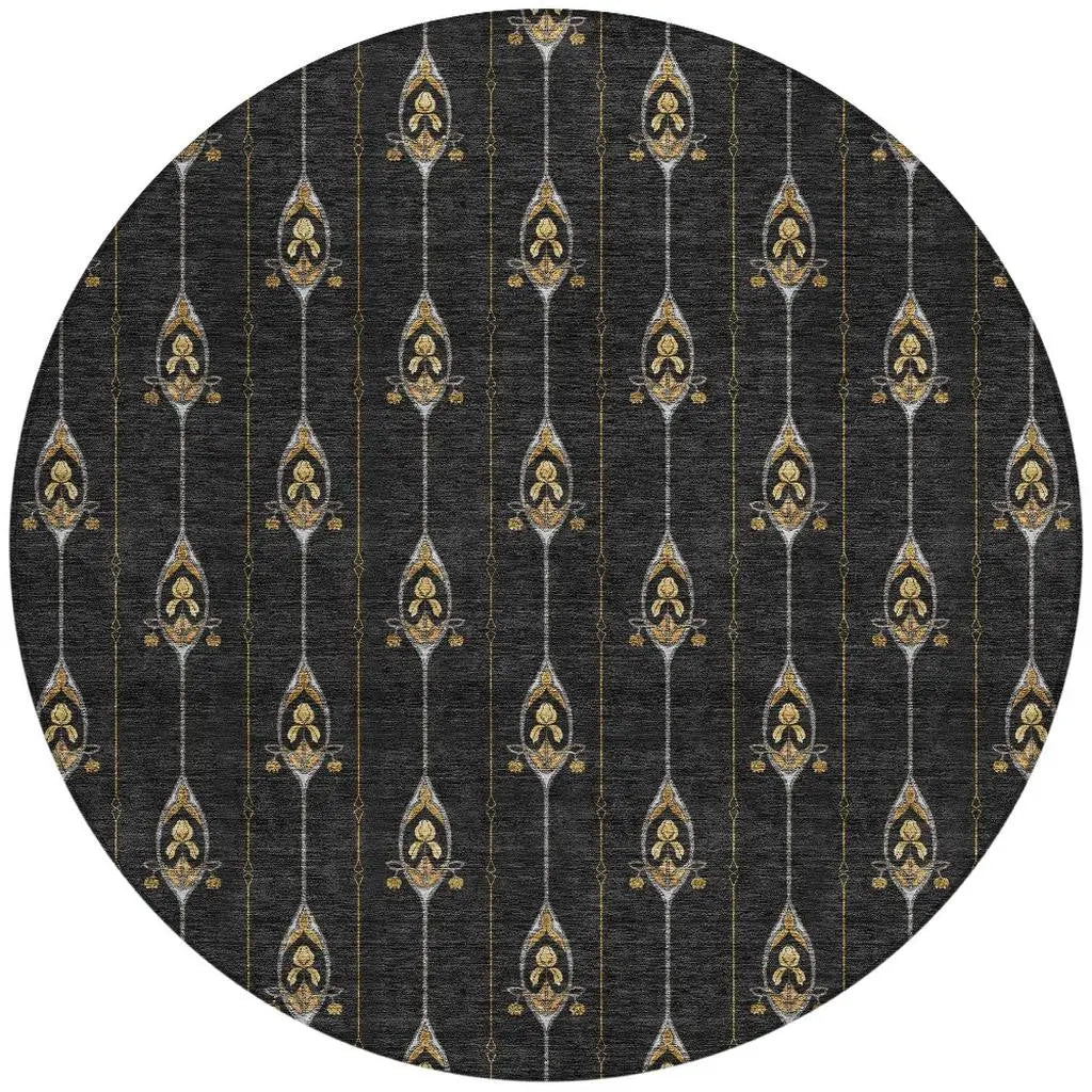 8' Black And Denim Blue Round Geometric Washable Indoor Outdoor Area Rug Homeroots Outdoor
