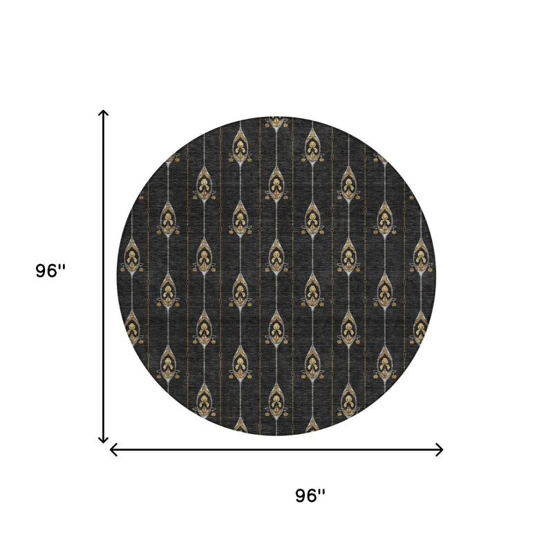 8' Black And Denim Blue Round Geometric Washable Indoor Outdoor Area Rug Homeroots Outdoor