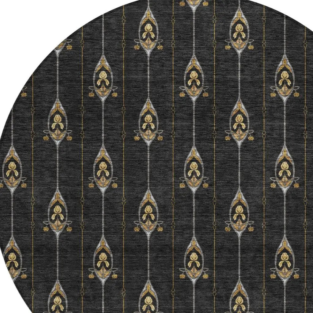 8' Black And Denim Blue Round Geometric Washable Indoor Outdoor Area Rug Homeroots Outdoor