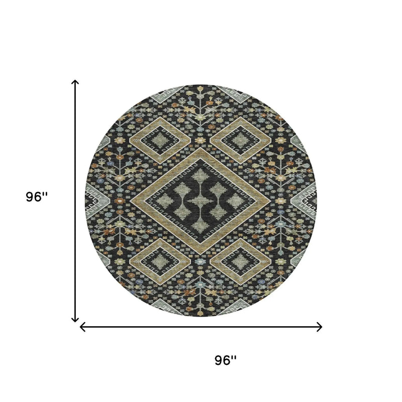 8' Black And Fern Green Round Medallion Washable Indoor Outdoor Area Rug Homeroots Outdoor