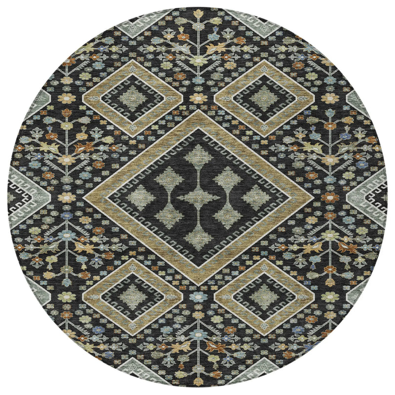 8' Black And Fern Green Round Medallion Washable Indoor Outdoor Area Rug Homeroots Outdoor