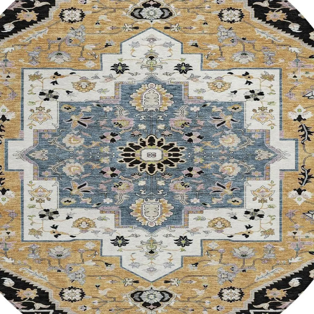 8' Black And Gold Round Floral Medallion Washable Indoor Outdoor Area Rug Homeroots Outdoor