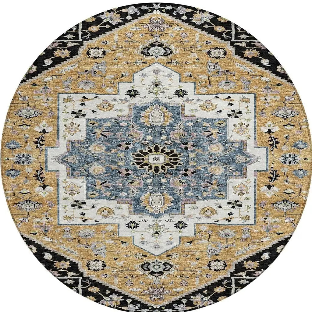 8' Black And Gold Round Floral Medallion Washable Indoor Outdoor Area Rug Homeroots Outdoor