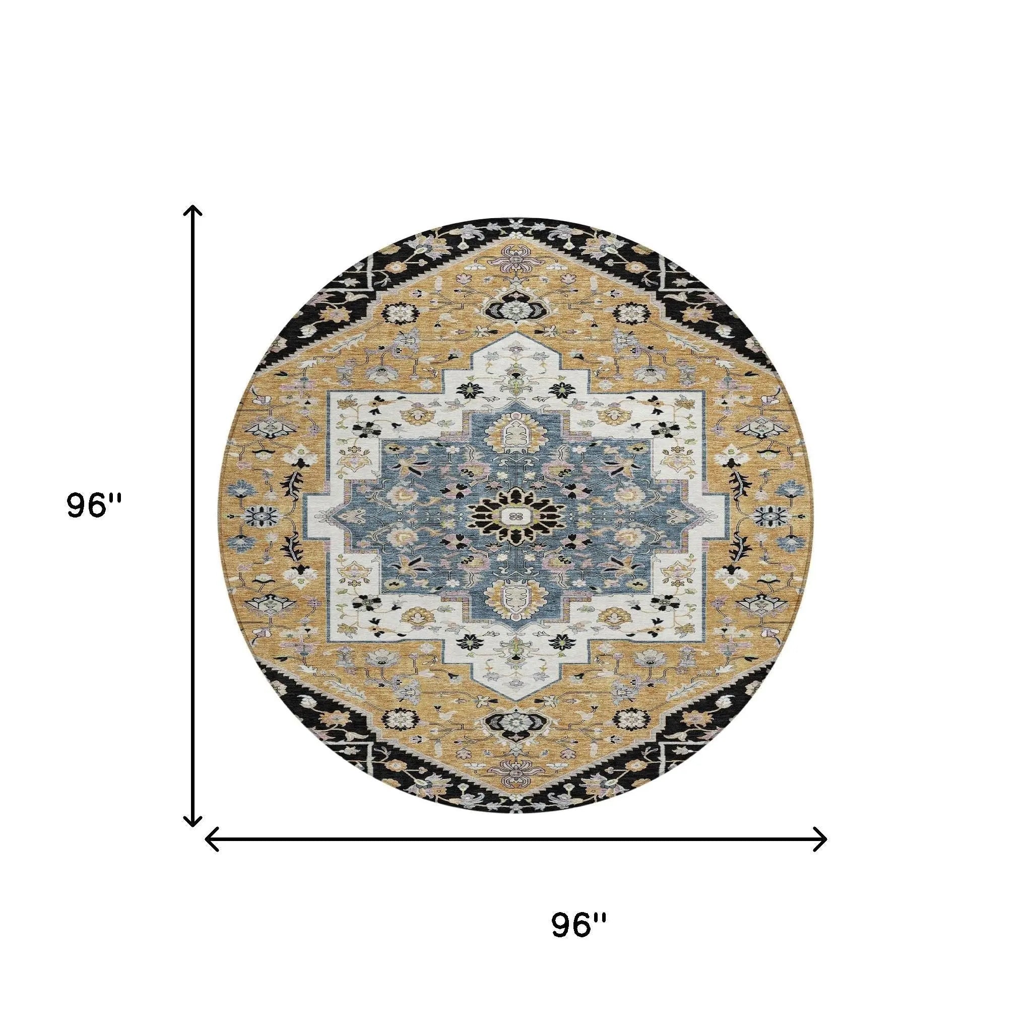 8' Black And Gold Round Floral Medallion Washable Indoor Outdoor Area Rug Homeroots Outdoor