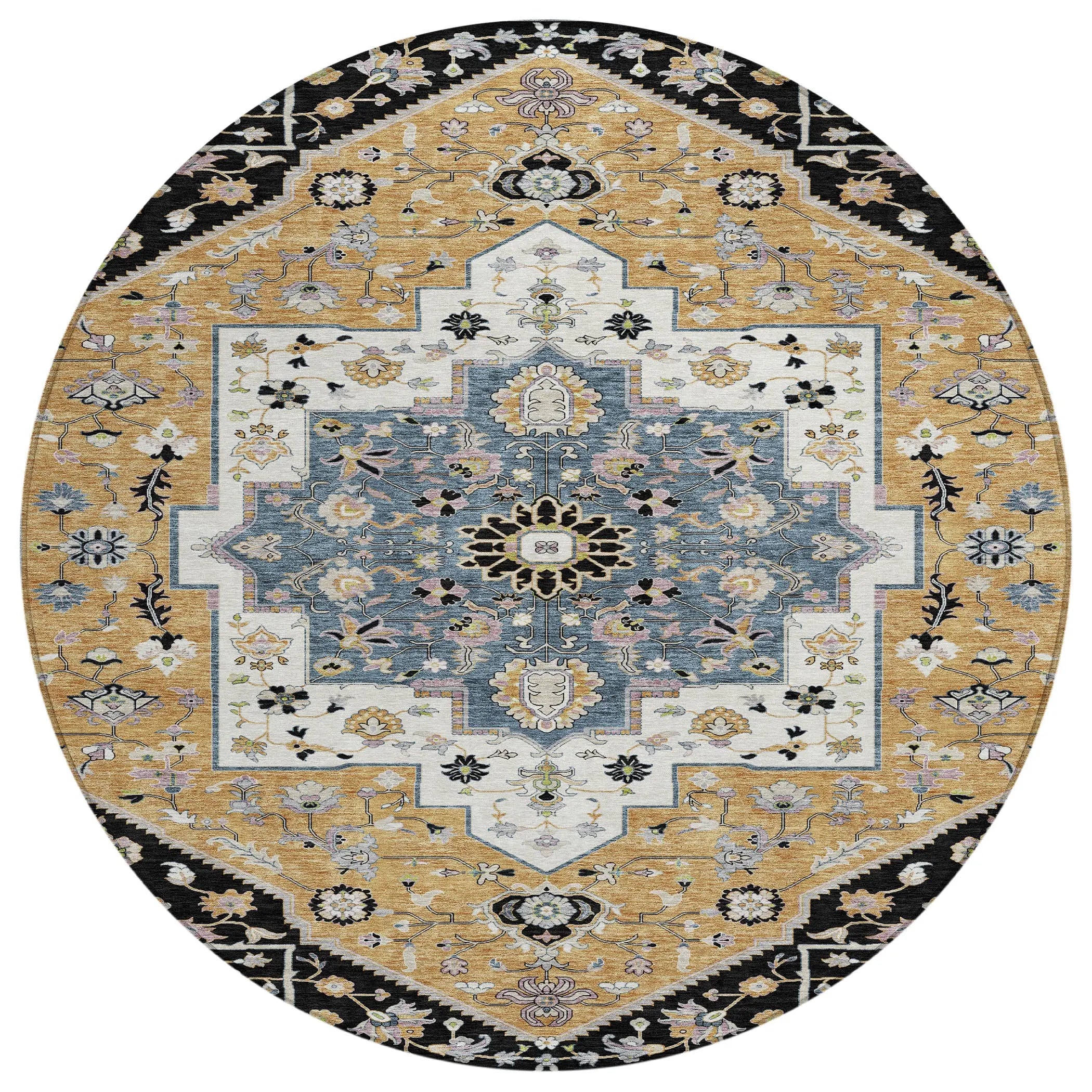 8' Black And Gold Round Floral Medallion Washable Indoor Outdoor Area Rug Homeroots Outdoor