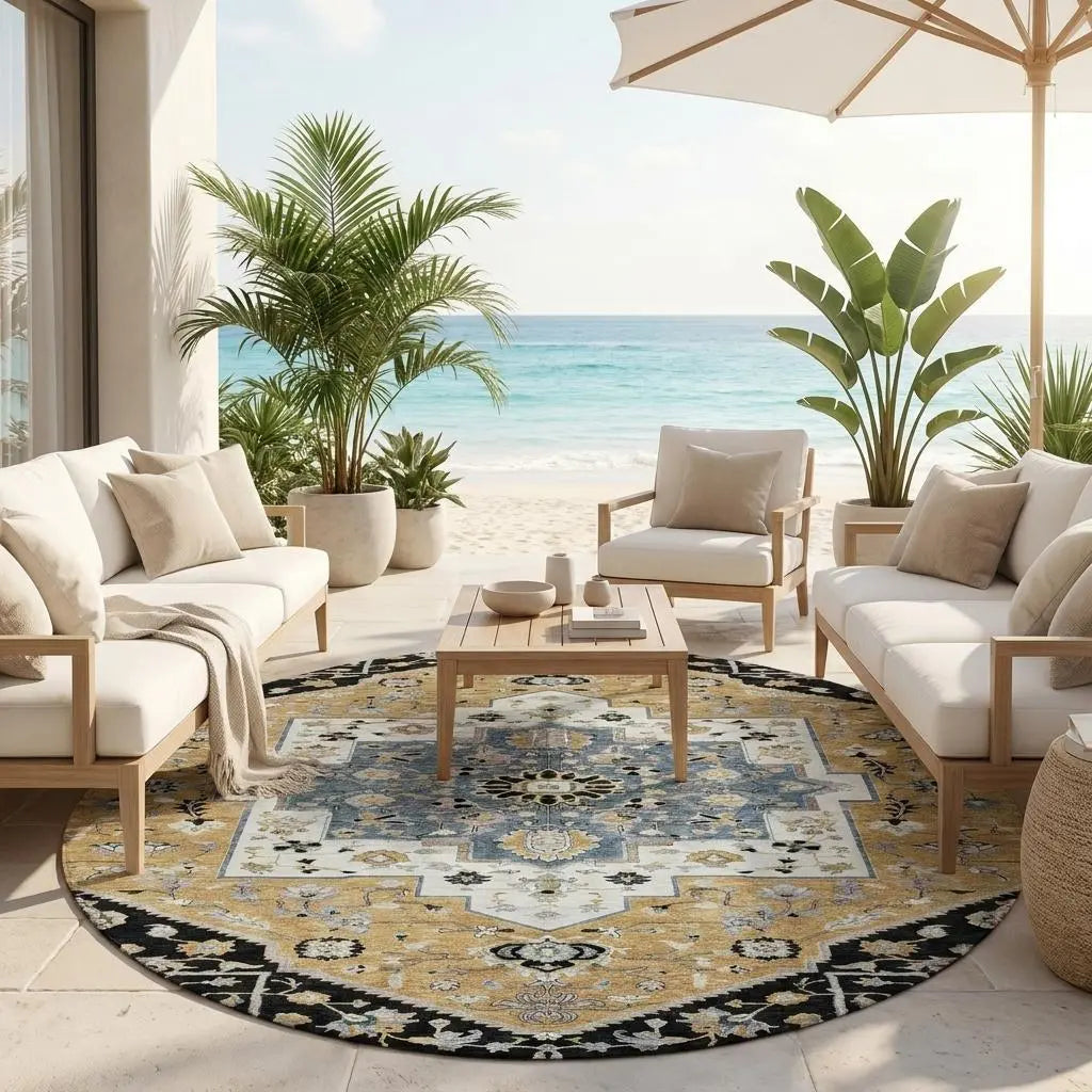 8' Black And Gold Round Floral Medallion Washable Indoor Outdoor Area Rug Homeroots Outdoor