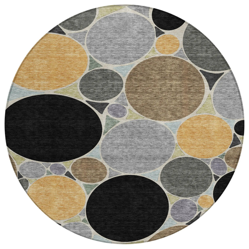 8' Black And Gold Round Geometric Washable Indoor Outdoor Area Rug Homeroots Outdoor