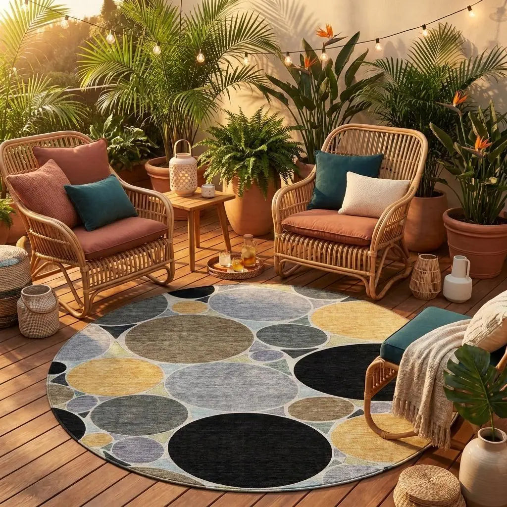 8' Black And Gold Round Geometric Washable Indoor Outdoor Area Rug Homeroots Outdoor