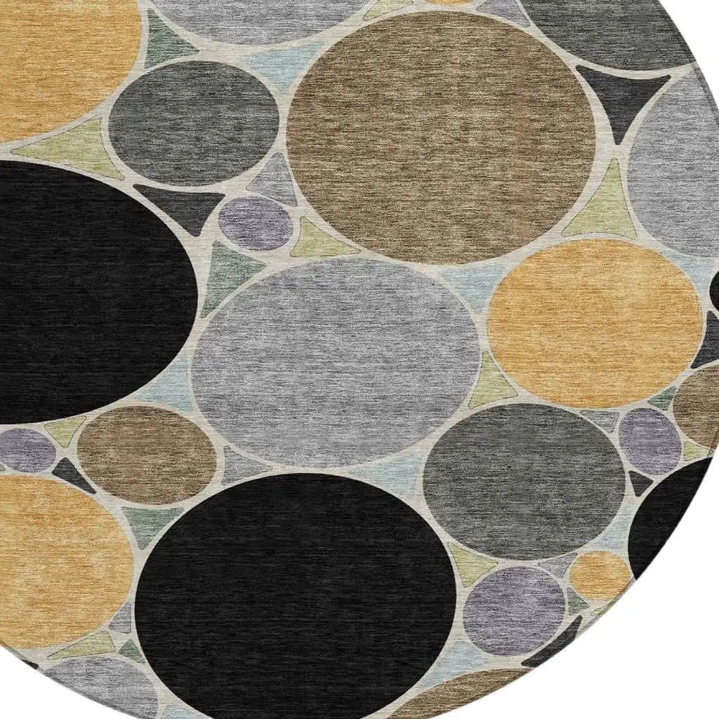 8' Black And Gold Round Geometric Washable Indoor Outdoor Area Rug Homeroots Outdoor