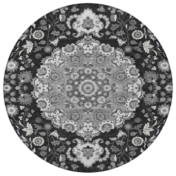 8' Black And Granite Gray Round Damask Washable Indoor Outdoor Area Rug Homeroots Outdoor