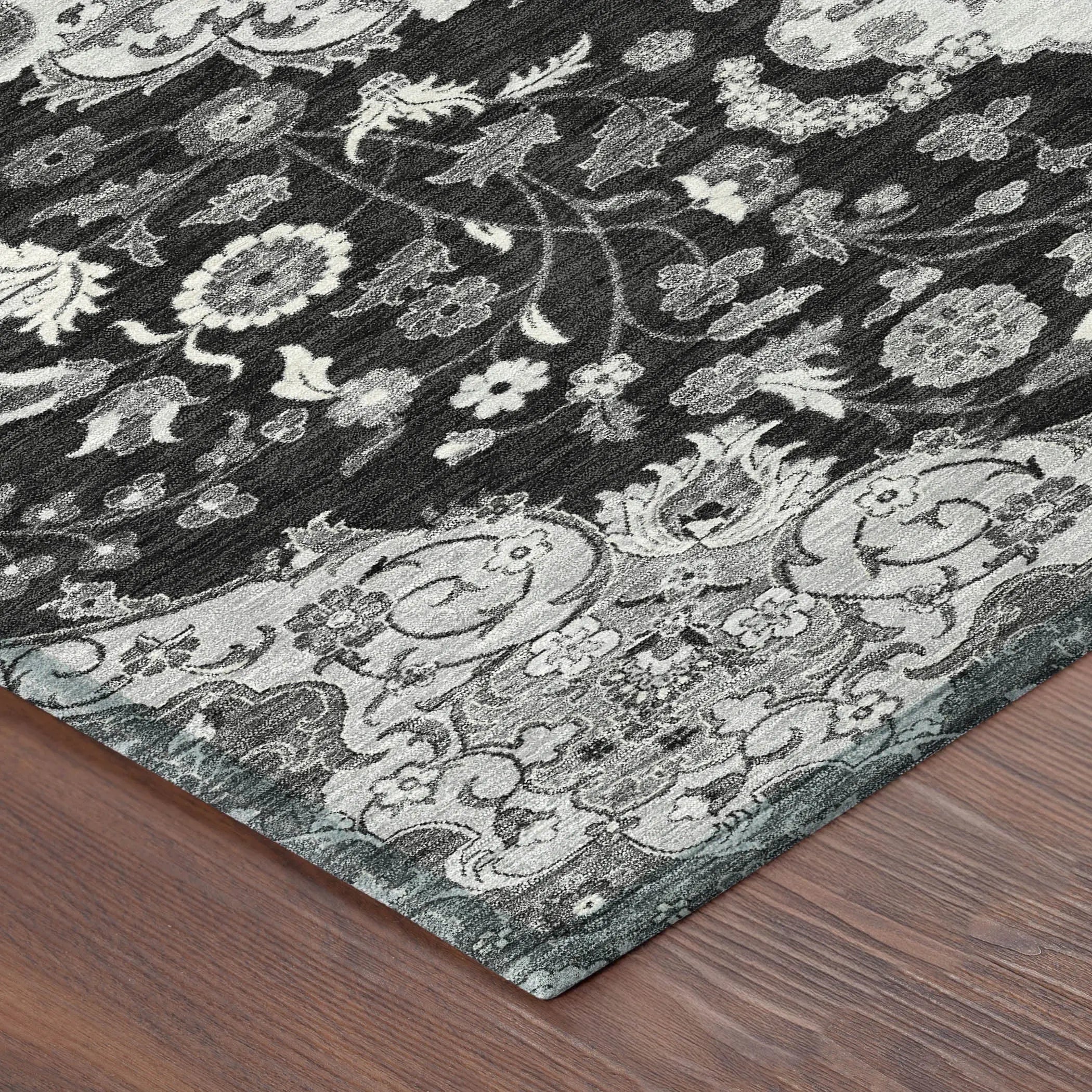 8' Black And Granite Gray Round Damask Washable Indoor Outdoor Area Rug Homeroots Outdoor