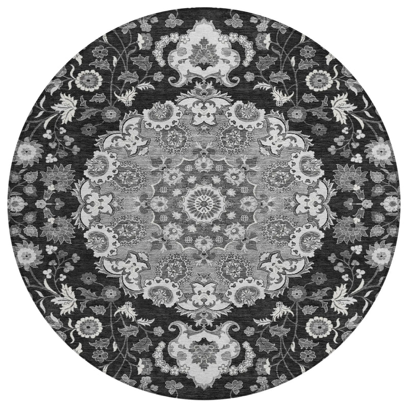 8' Black And Granite Gray Round Damask Washable Indoor Outdoor Area Rug Homeroots Outdoor