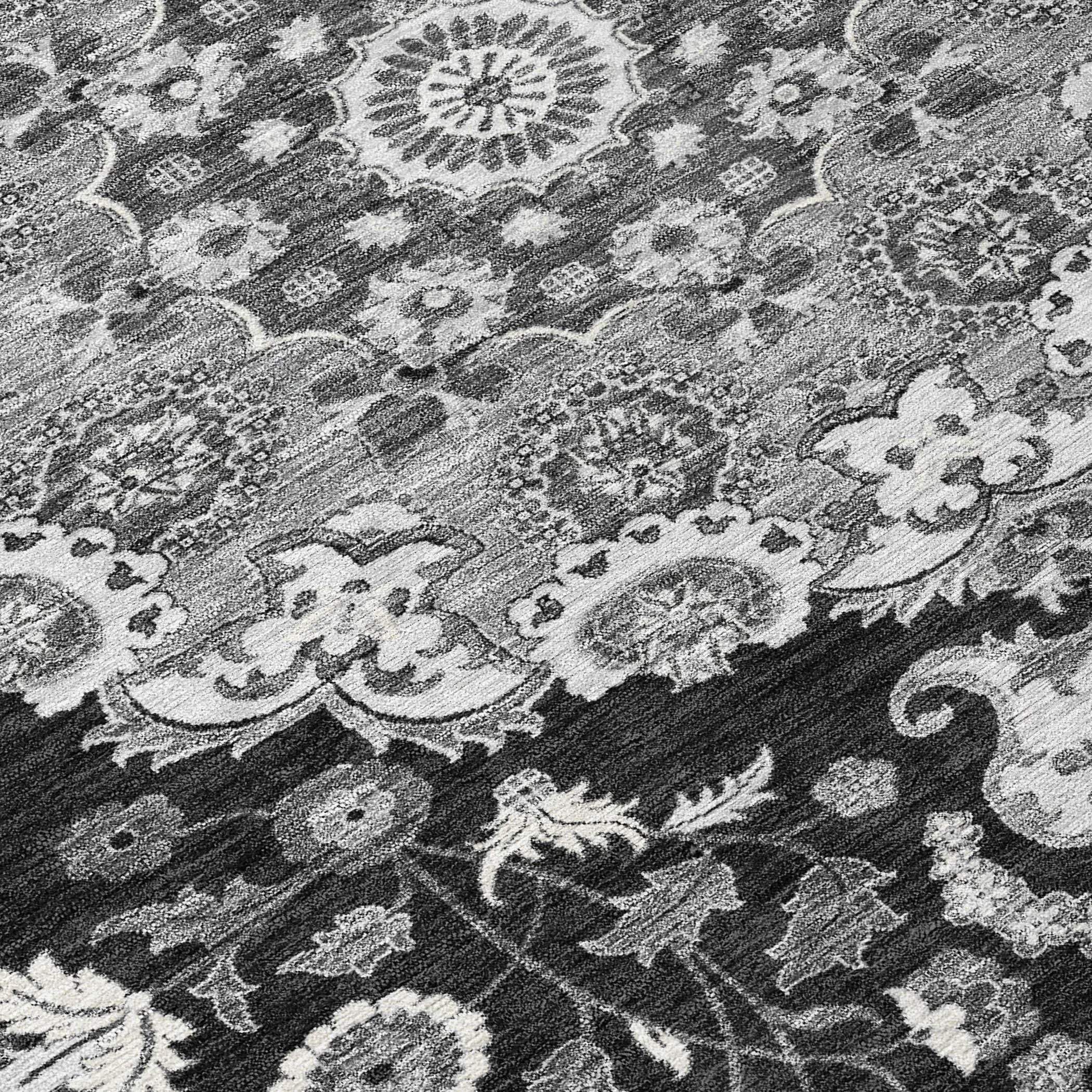8' Black And Granite Gray Round Damask Washable Indoor Outdoor Area Rug Homeroots Outdoor