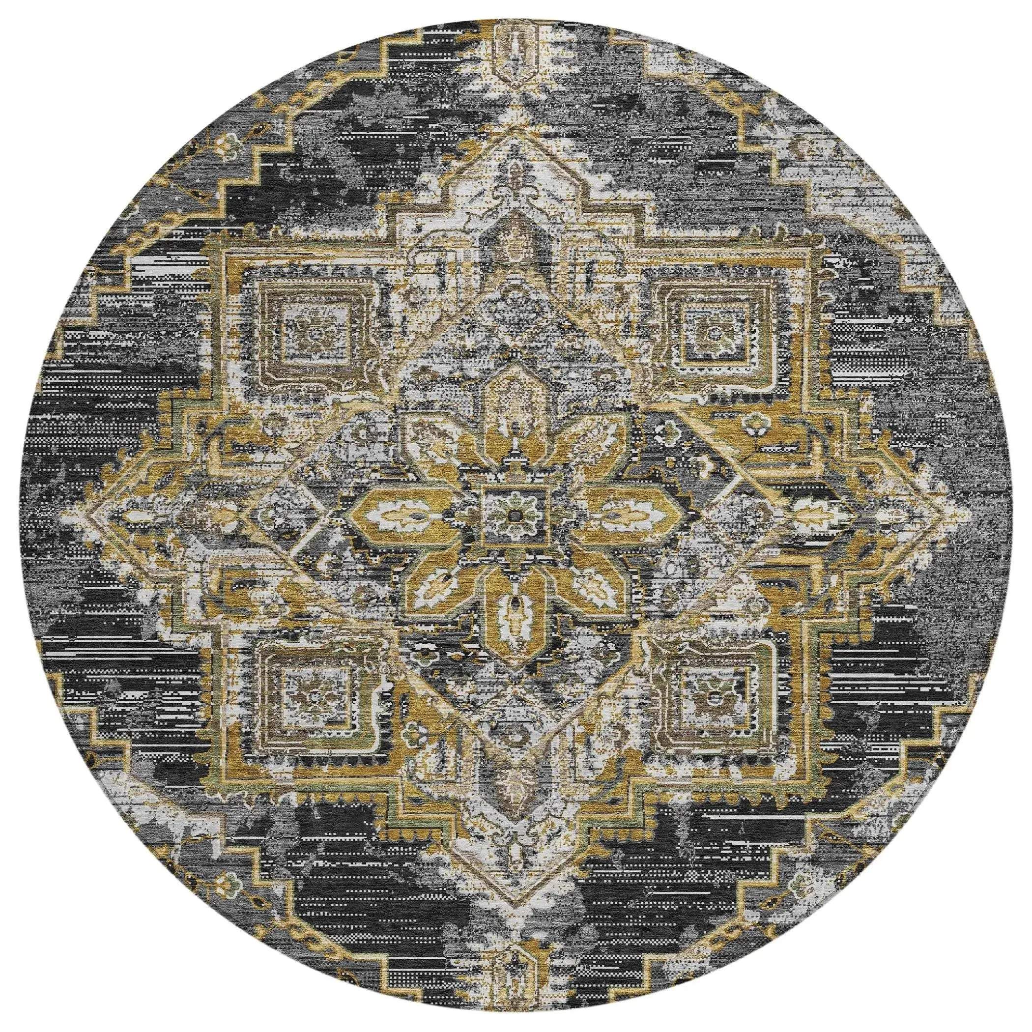 8' Black And Granite Gray Round Oriental Washable Indoor Outdoor Area Rug Homeroots Outdoor