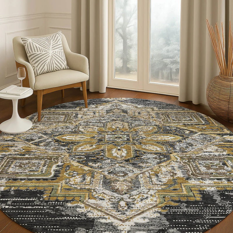 8' Black And Granite Gray Round Oriental Washable Indoor Outdoor Area Rug Homeroots Outdoor