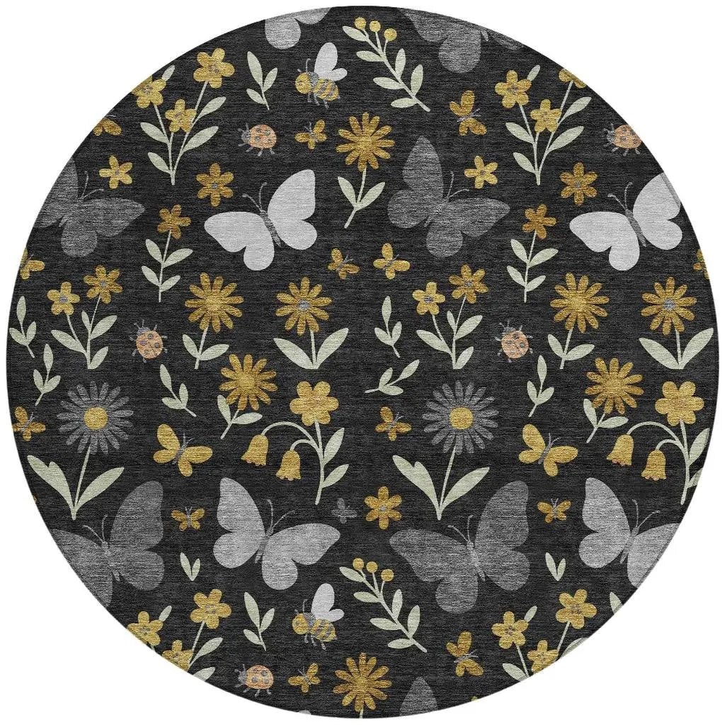 8' Black And Graphite Round Abstract Washable Indoor Outdoor Area Rug Homeroots Outdoor