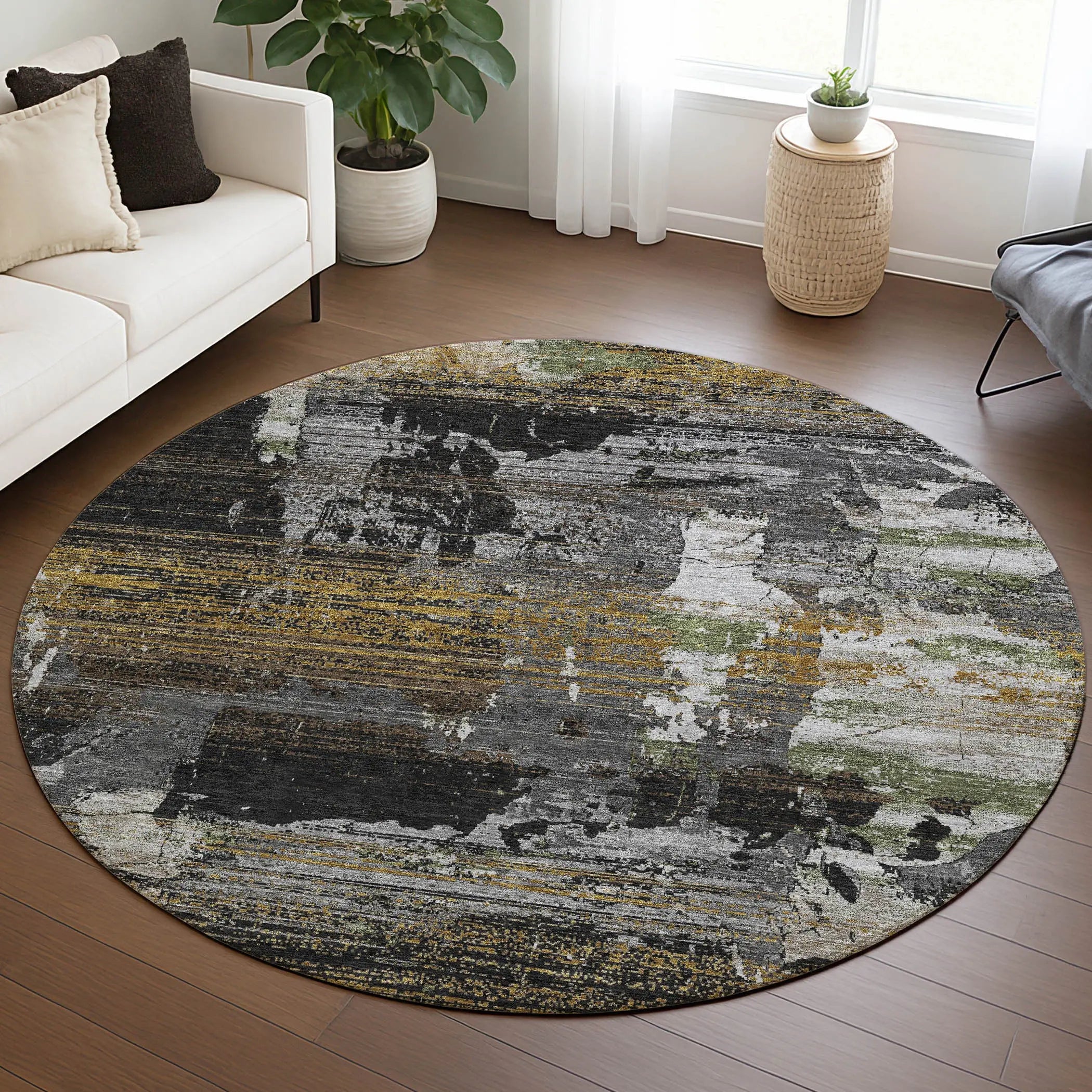 8' Black And Graphite Round Abstract Washable Indoor Outdoor Area Rug Homeroots Outdoor