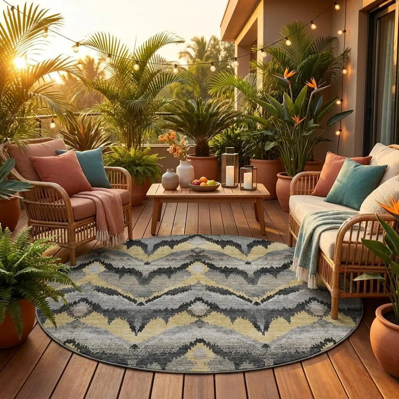 8' Black And Graphite Round Abstract Washable Indoor Outdoor Area Rug Homeroots Outdoor
