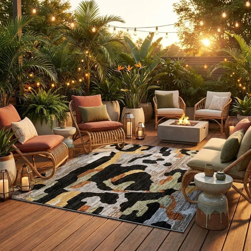 8' Black And Graphite Round Abstract Washable Indoor Outdoor Area Rug Homeroots Outdoor