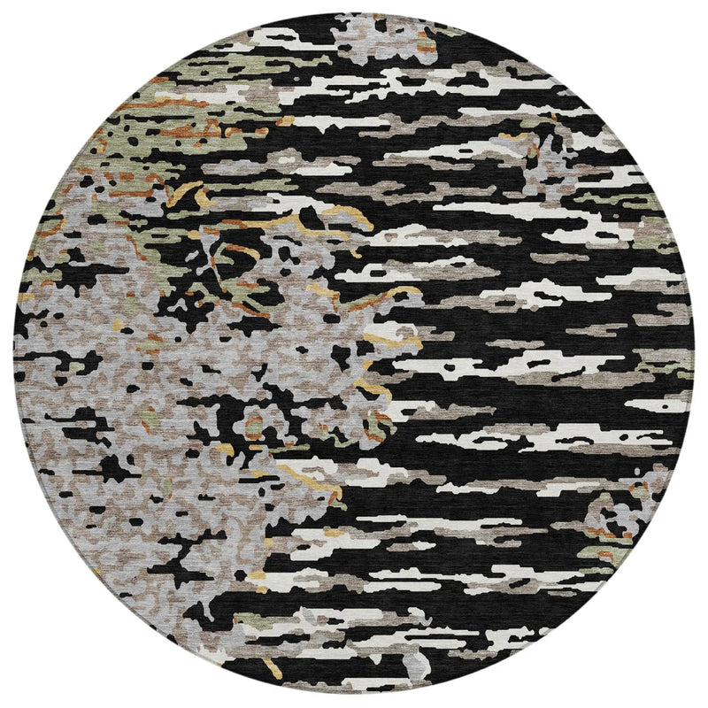 8' Black And Graphite Round Abstract Washable Indoor Outdoor Area Rug Homeroots Outdoor