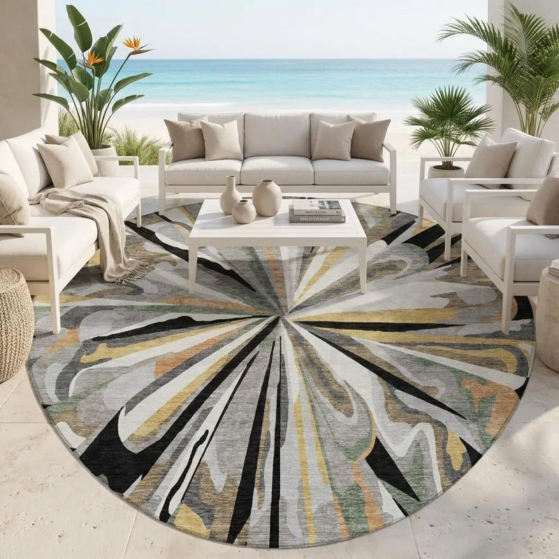 8' Black And Graphite Round Abstract Washable Indoor Outdoor Area Rug Homeroots Outdoor