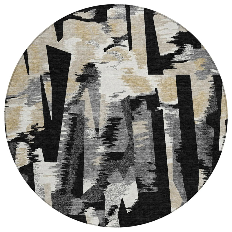 8' Black And Graphite Round Abstract Washable Indoor Outdoor Area Rug Homeroots Outdoor