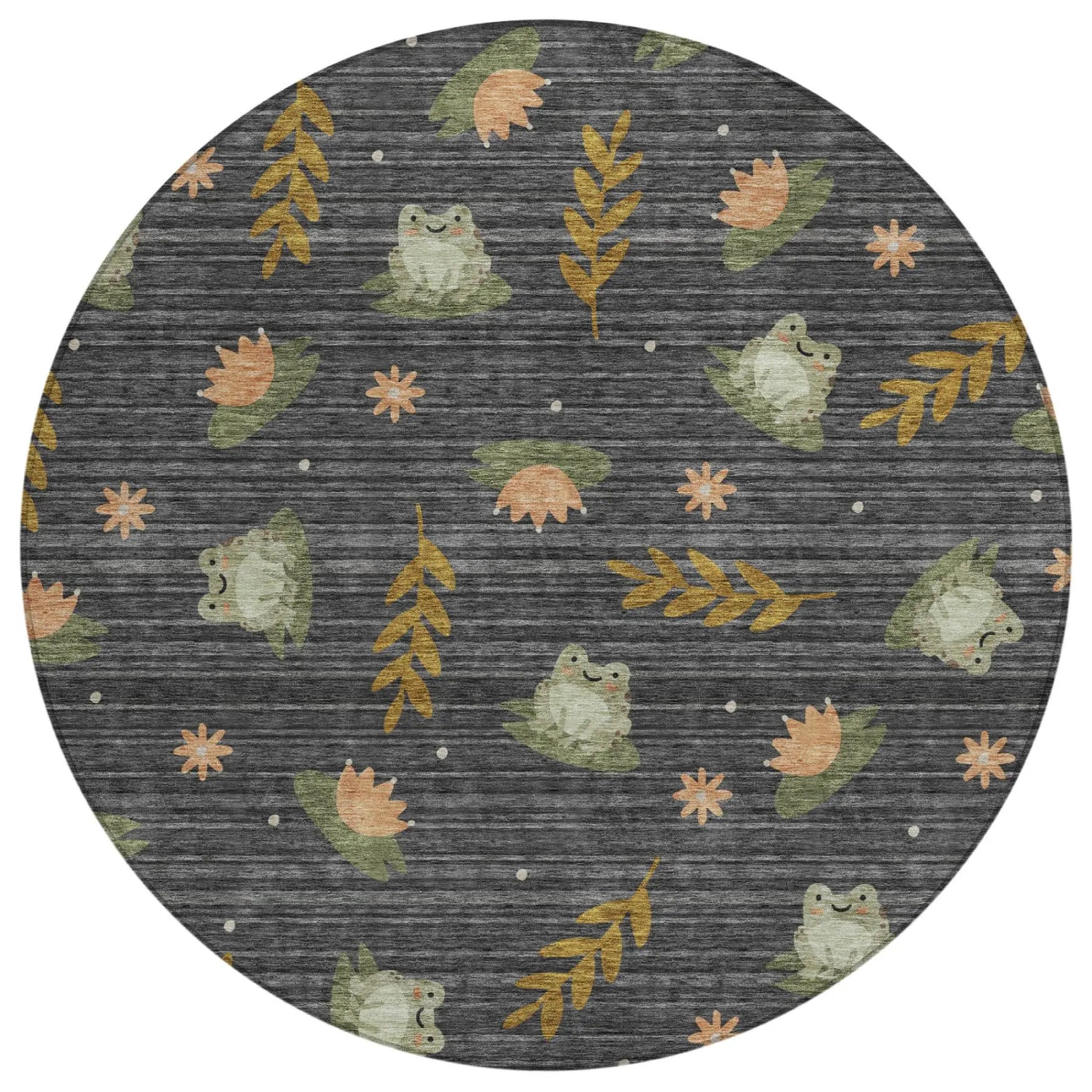 8' Black And Graphite Round Botanical Leaves Washable Indoor Outdoor Area Rug Homeroots Outdoor